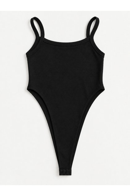 Siyah Renk Kaşkorse Body 11536 Kadın Yuvarlak Yaka Askılı Yüksek Kesim Basic Body Atlet