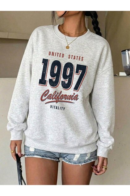Women's Gray 1997 Printed Oversize Crew Neck Sweatshirt