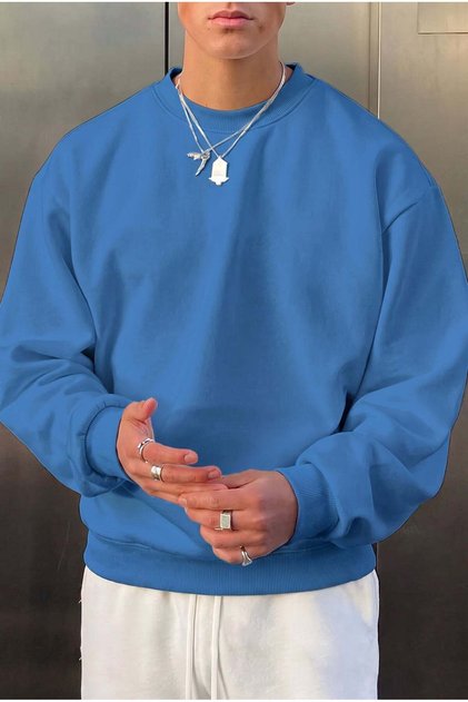 Men's blue basic plain oversize sweatshirt with fleece lining