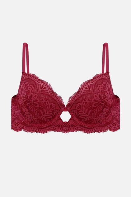 2451 Rubber Strip Detailed Push up Ruched Low-Cut Bra Cherry Color