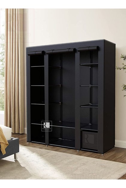 Premium Portable Fabric Wardrobe with Hanging Rails & Shelves, Black