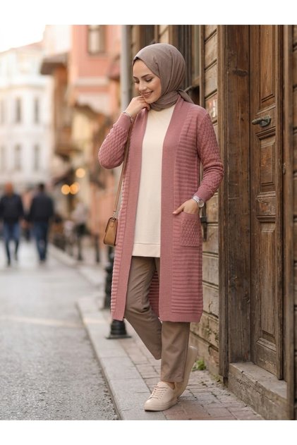 Kadın Kuşaklı Uzun Örme Cepli Selanik Doku Triko Hırka