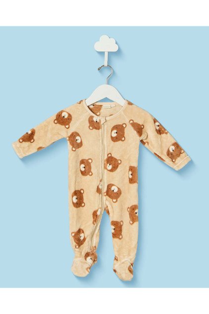 Baby Boys Beige Bear Print Fleece Sleepsuit