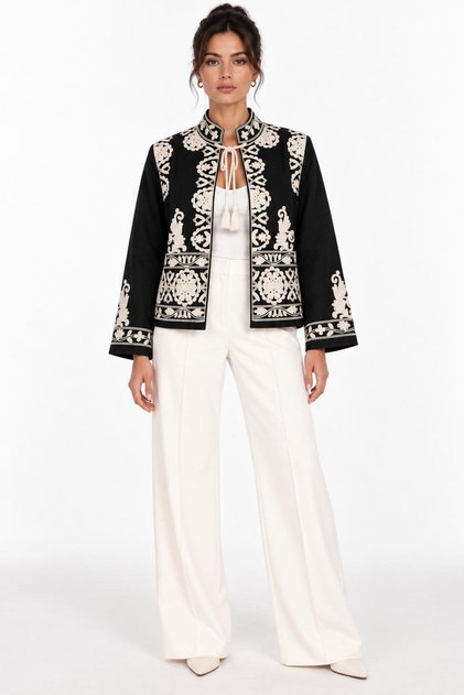 Black Ethnic Embroidered Tassel Detailed Unlined Cashmere Jacket