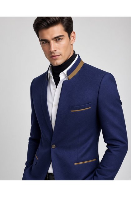 Erkek İndigo Slim Fit Hakim Yaka Özel Tasarım Blazer Tek Ceket