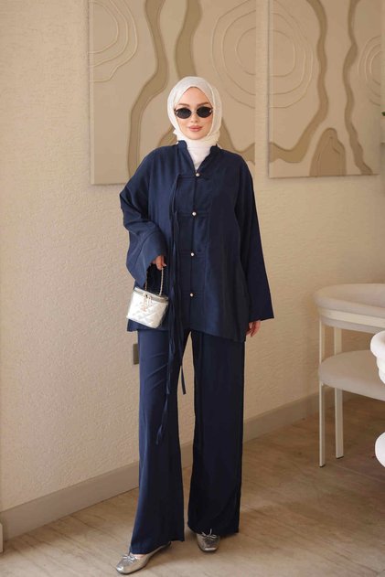 Navy Blue Lace Detailed Tunic and Trousers Set