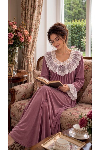 Pudra Fransız Kadife Dantel Yaka Detaylı Uzun Kollu Vintage Elbise