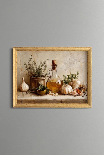 Olive Oil and Garlic Still Life - Vintage Patterned Painting - Fine Model