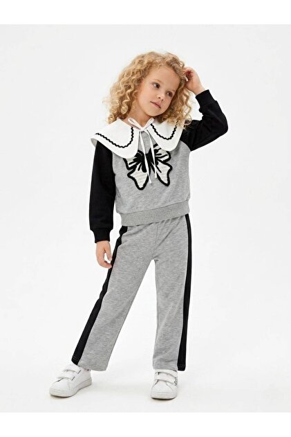 Girl's 3-Piece Tracksuit Set with Bow Embroidered Collar