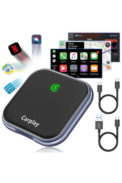 Adaptor wireless 2 în 1 pentru Apple CarPlay și Android Auto, USB Plug & Play, Bluetooth + Wi-Fi 2.4/5 GHz, Siri și Google Assistant, Negru
