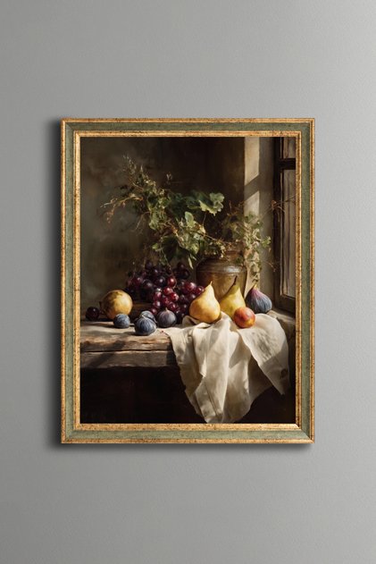 Fruit Still Life in Window Light - Vintage Patterned Painting - Fine Model