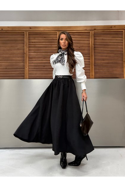 Pleated Flare Maxi Skirt with Elastic Waist Belt 9065 - Black