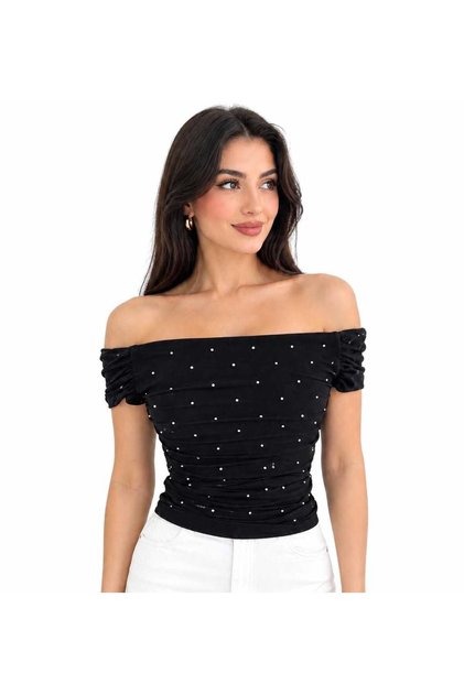 Siyah Taşlı Model Yumuşak Dokulu Bluz