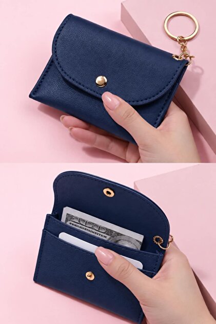 Navy Blue Double Compartment Mini Credit Card Holder Wallet with Keychain 10X7 cm