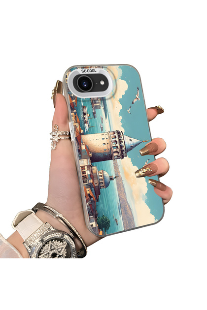 iPhone 16E Compatible Silicone Edge Hard Back Case Galata Tower Patterned Phone Case