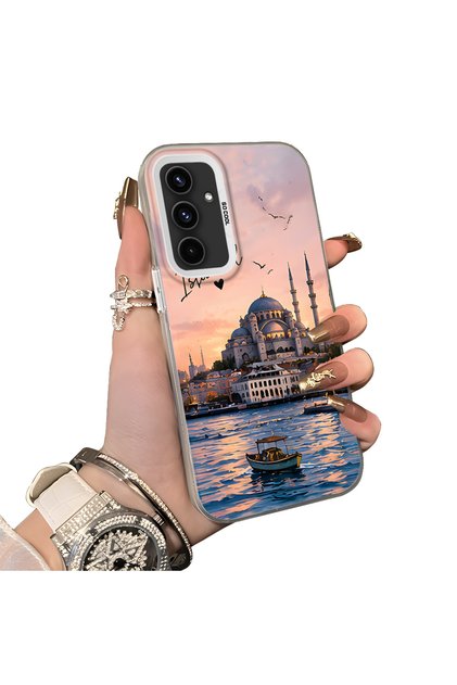 Samsung Galaxy A54 Compatible Silicone Edge Hard Back Case Istanbul Patterned Lover Couple Phone Case
