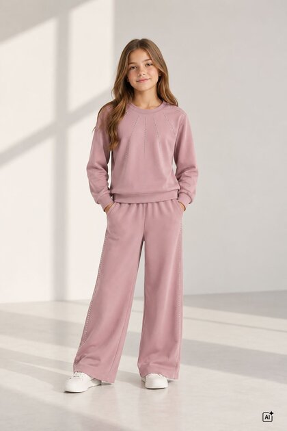 Pink Girls' Wide-Leg Pants and Stone Detailed Badili Tracksuit Set 24951