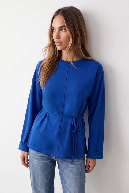 Women's Saks Crew Neck Double Cuffed Blouse with Tie Detail Alc-X14715