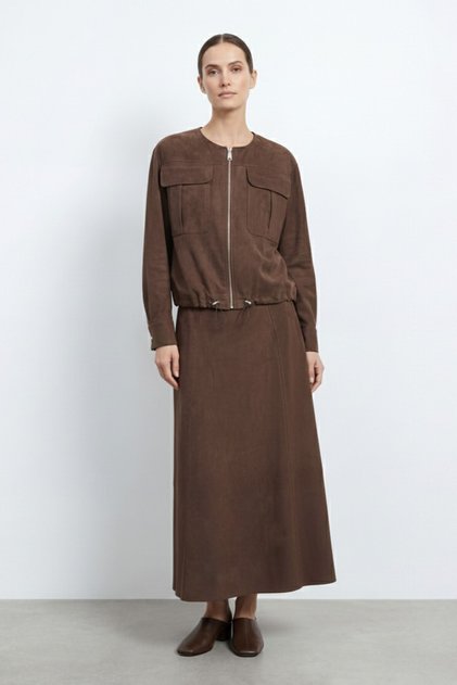 Zippered Pocket Detailed Jacket and Long Skirt Women's Set-14430 Brown