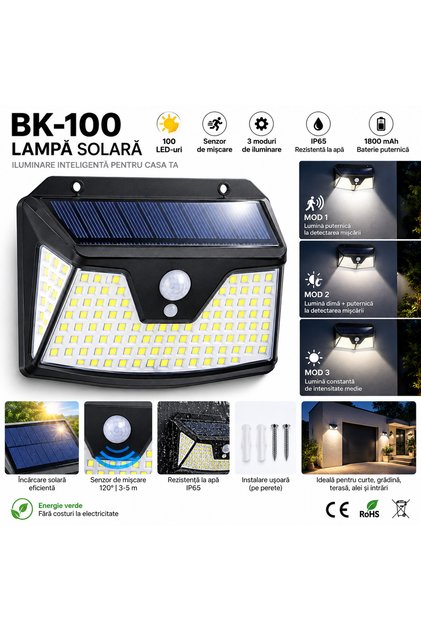 Lampă solară exterior BK-100, 100 LED, senzor de mișcare, 3 moduri, IP65, 600 lm, Negru