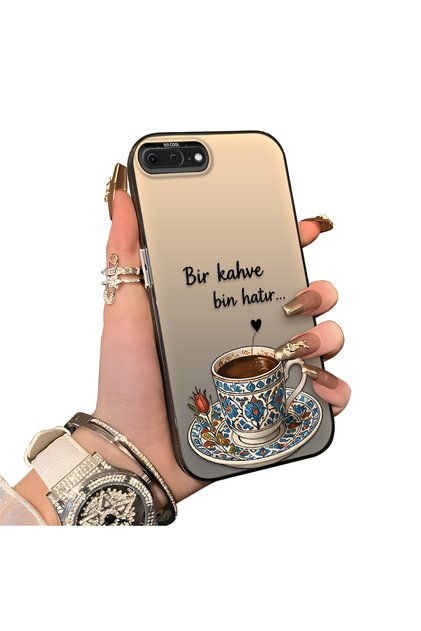 iPhone 8 Plus Compatible Silicone Edge Hard Back Case Turkish Coffee Patterned Phone Case