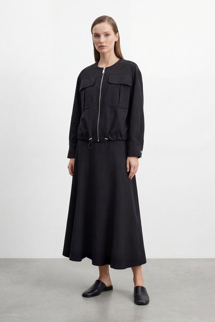 Zippered Pocket Detailed Jacket and Long Skirt Women's Set-14430 Black