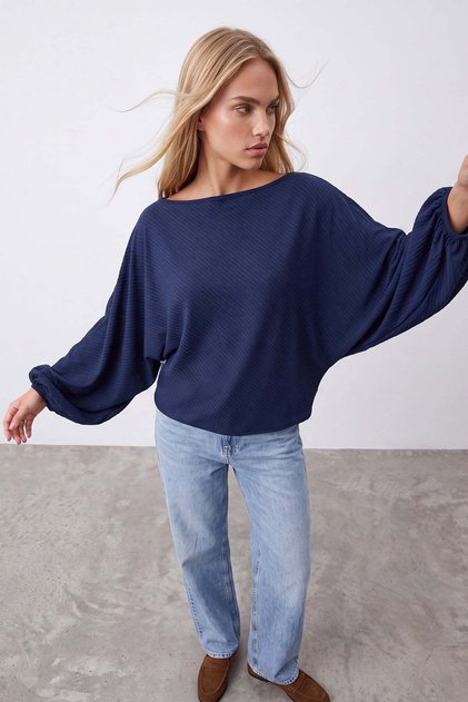 Women's Navy Blue Bat Cut Balloon Sleeve Lightly Transparent Blouse Alc-X15867