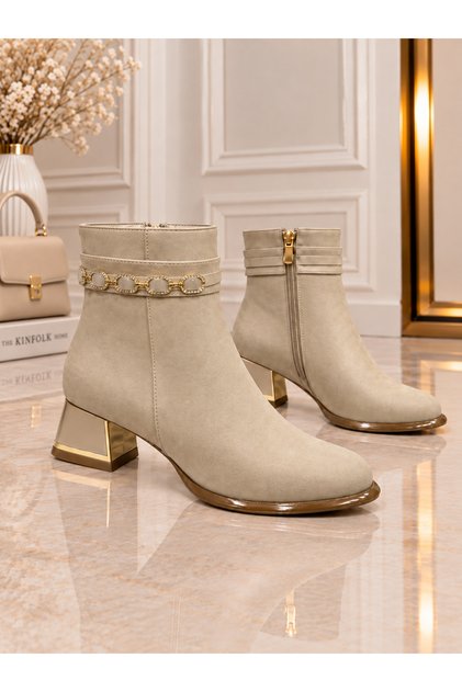 Women's Short Boots with Chain Detail, Zipper, Short Heel, Stylish Daily Ankle Boots