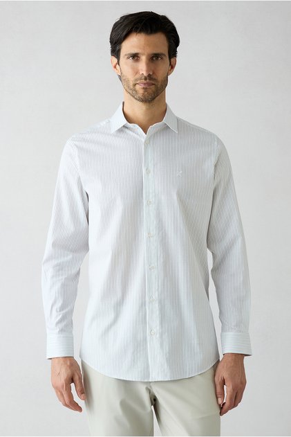 Long Sleeve Classic Striped Embroidered Cotton Breathable Shirt with Pockets