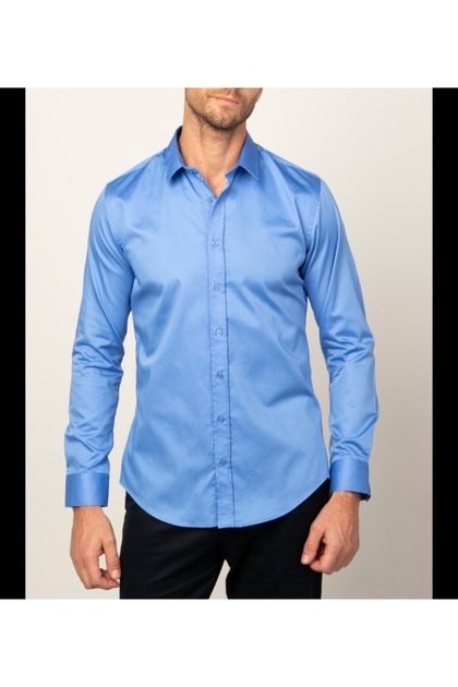 Erkek Modern Slim Fit Düz Saten Pamuklu Gömlek