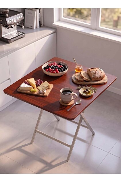 Folding 80x80x75cm dining table with wood top and metal frame, space-saving design-Red Color