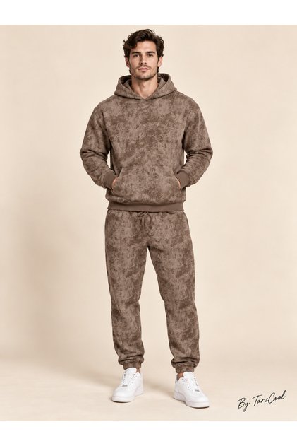 Men's Marble Patterned 3 Thread Regular Hooded Tracksuit Set