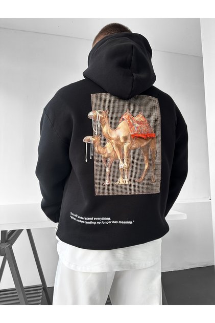 Black Hooded Oversize Premium Camel Embroidered Sweatshirt