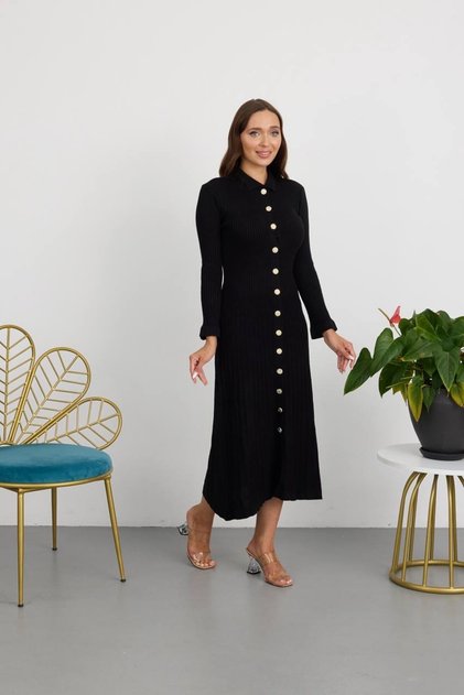 Polo Collar Long Sleeve Buttoned Ribbed Knitted Midi Dress