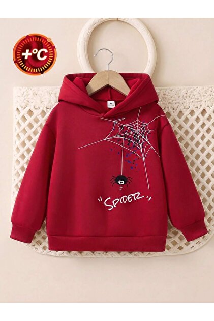 Spider Web and Spider Printed Hooded Unisex Children's Sweatshirt Soft Red Inside