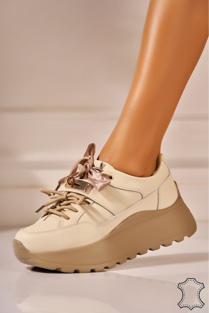 Adidași Verra Bej din piele naturală, talpă de 5 cm