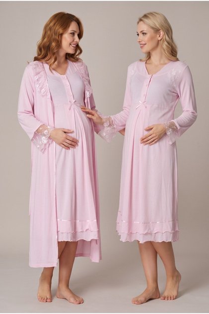 Women's Powder-Colored Long-Sleeved Lace Maternity Nightgown Set with Easy Nursing Features