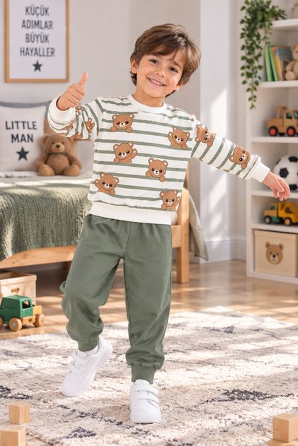 Ss Gi̇yi̇m Boys' Teddy Bear Printed Tracksuit Set – Green Patterned Sweatshirt and Sweatpants, Casual Sports Children's Clothing