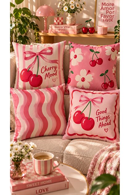 Cherry Dream 4-Piece Throw Pillow Cover Set – 43X43 cm Double-Sided, with Hidden Zipper