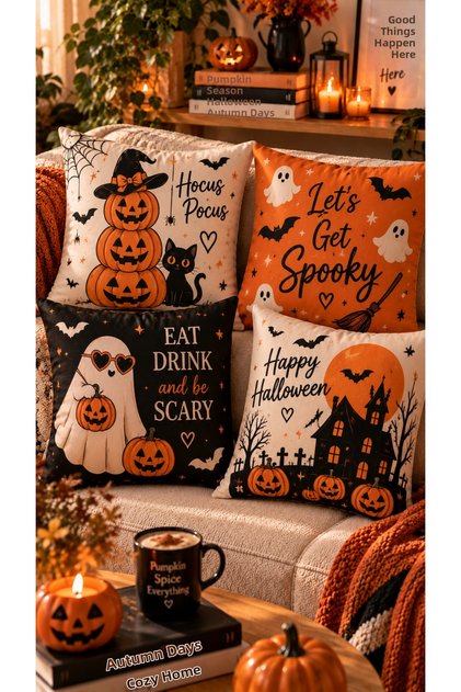 Hocus Pocus Halloween 4-Piece Throw Pillow Cover Set – 43X43 cm Double-Sided, with Hidden Zipper