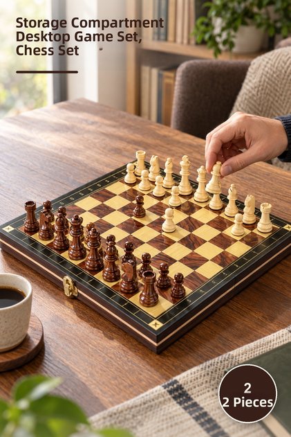 2-Piece Wooden Chess Set with Magnetic Board – Desktop Game Set with Storage Compartments, Chess Set, Chess Set
