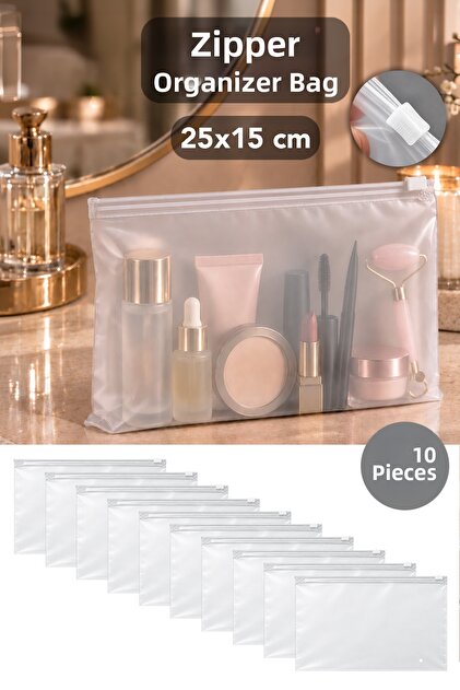 10 Pieces 25X15Cm Zippered Organizer - Lockable Frosted Transparent Organizer Bag for In-Cabinet Storage
