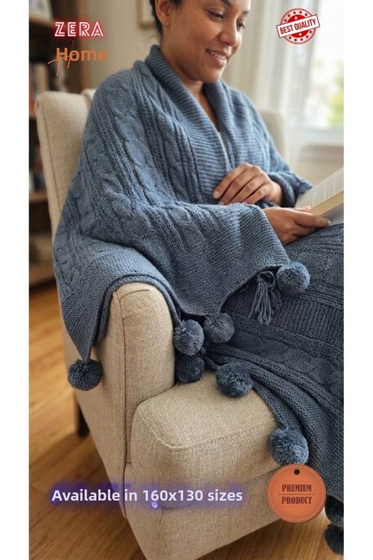 Knitted Knitwear Pompom Tv Blanket 160X130 cm - Decorative Knitwear Sofa Shawl