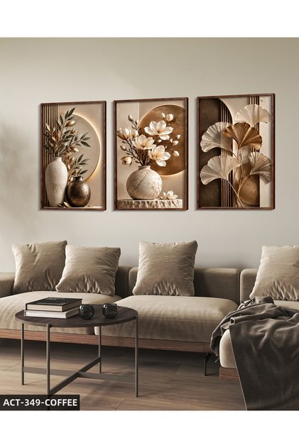 Coffee Leaves and White Flower in Vase 3 Piece Wooden Framed Painting Act