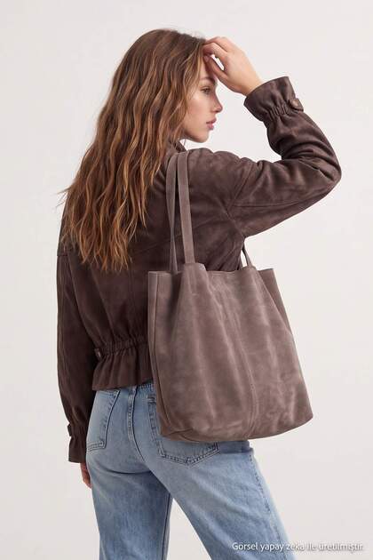 Sand Beige Premium Genuine Leather Suede Women's Maxi Height Shoulder Bag TAKAW26OC00041