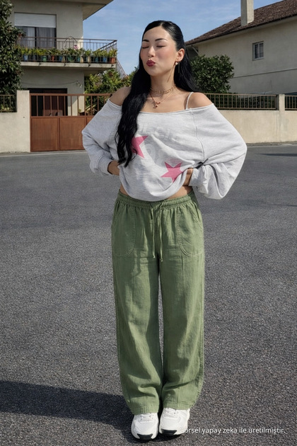Women's Elastic Waist Wide Leg Green Linen Trousers