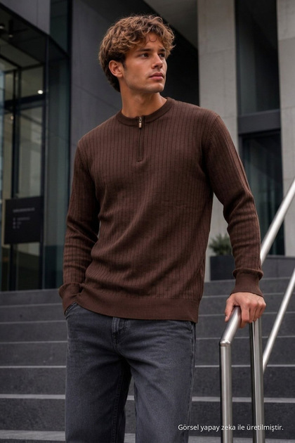 Men's 95% Cotton Striped Anti-Pilling Brown Knit Sweater