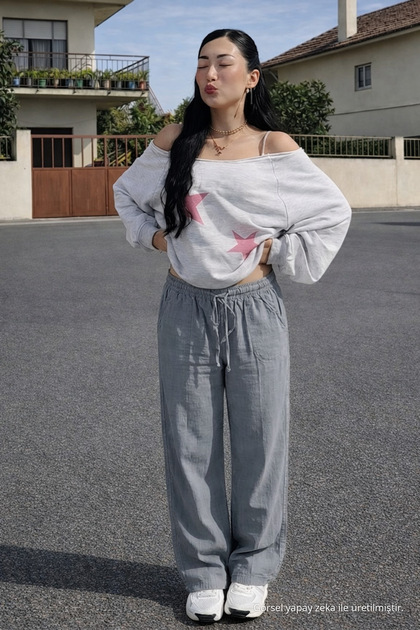 Women's Elastic Waist Wide Leg Gray Linen Trousers