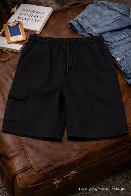 Men's Stylish Trendy Black Linen Shorts with Loose Cargo Pockets