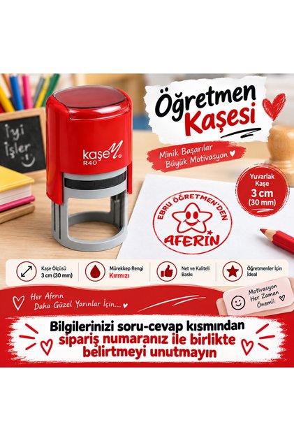 Yuvarlak 3 cm Kırmızı Renkli Öğretmen Aferin Kaşesi